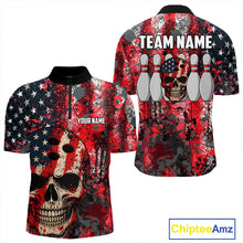 Load image into Gallery viewer, Red, White &amp; Blue American Flag Skull Bowling shirts For Men Custom patriotic Team Bowling Jersey NQS11275