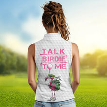 Load image into Gallery viewer, Funny Women sleeveless polos custom pink &amp; white flamingo shamrock lucky golf shirts talk birdie to me NQS9392