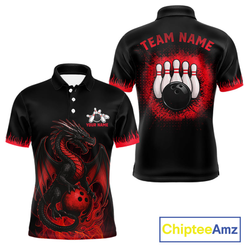 Black and Red Flame Dragon Bowling Polo, 1/4 zip shirts for Men Custom Dragon team bowling jerseys NQS11482