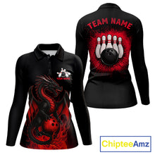 Load image into Gallery viewer, Black and Red Flame Dragon Bowling Polo, 1/4 zip shirts for Women Custom Dragon team bowling jerseys NQS11482
