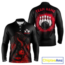 Load image into Gallery viewer, Black and Red Flame Dragon Bowling Polo, 1/4 zip shirts for Men Custom Dragon team bowling jerseys NQS11482