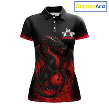 Load image into Gallery viewer, Black and Red Flame Dragon Bowling Polo, 1/4 zip shirts for Women Custom Dragon team bowling jerseys NQS11482