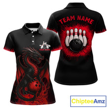 Load image into Gallery viewer, Black and Red Flame Dragon Bowling Polo, 1/4 zip shirts for Women Custom Dragon team bowling jerseys NQS11482