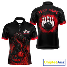 Load image into Gallery viewer, Black and Red Flame Dragon Bowling Polo, 1/4 zip shirts for Men Custom Dragon team bowling jerseys NQS11482