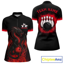 Load image into Gallery viewer, Black and Red Flame Dragon Bowling Polo, 1/4 zip shirts for Women Custom Dragon team bowling jerseys NQS11482