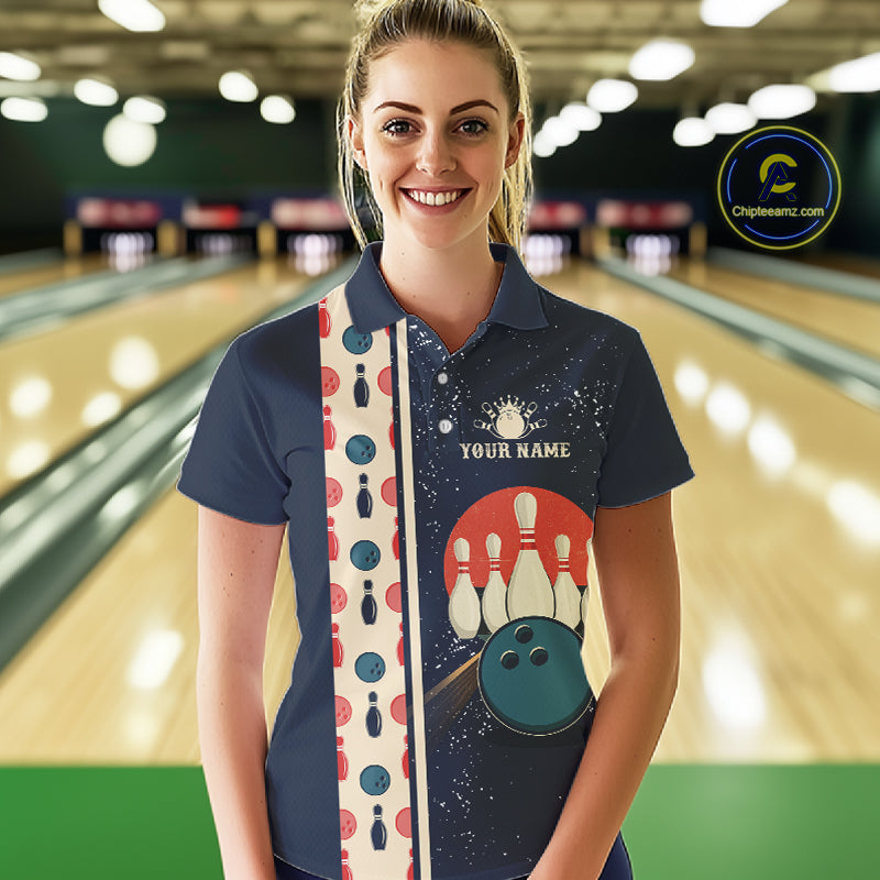 Custom Red, white and blue Eagle Retro Bowling Polo, 1/4 zip Shirts For Women, Bowling Team jerseys NQS11666
