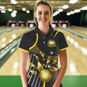 Funny Black and Gold Womens Bowling Polo, 1/4 Zip Shirts Custom Bowling outfit women Team Jerseys NQS9712