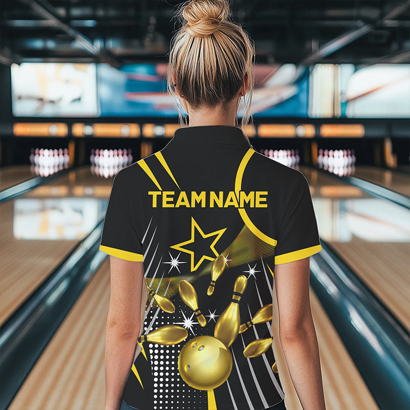 Funny Black and Gold Womens Bowling Polo, 1/4 Zip Shirts Custom Bowling outfit women Team Jerseys NQS9712