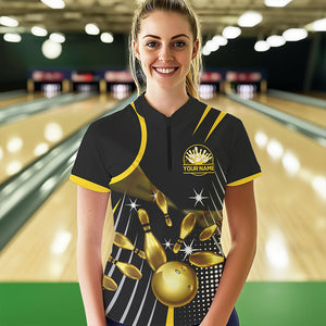 Funny Black and Gold Womens Bowling Polo, 1/4 Zip Shirts Custom Bowling outfit women Team Jerseys NQS9712