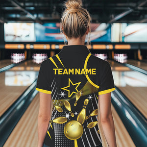 Funny Black and Gold Womens Bowling Polo, 1/4 Zip Shirts Custom Bowling outfit women Team Jerseys NQS9712
