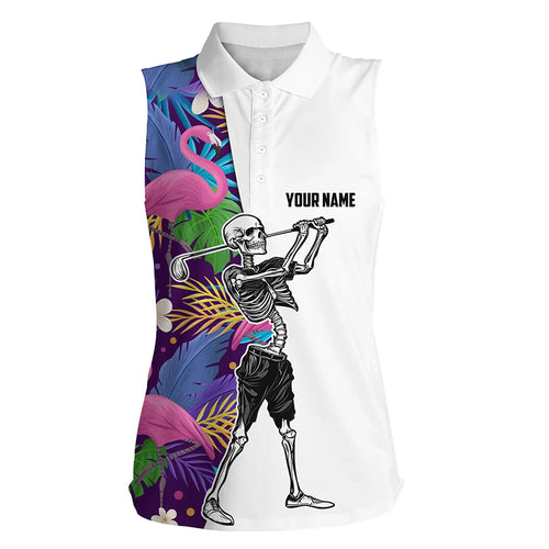 Skull womens sleeveless golf polo shirt Custom colorful tropical flamingo Skull playing golf apparel NQS5267