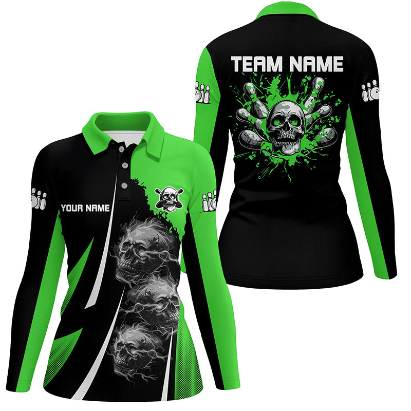 Green and Black Women bowling polo, quarter zip shirts Custom Skull bowling ball and pins Team Jerseys NQS7641