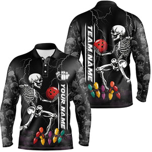 Funny Skull Bowling Mens Polo, Quarter Zip Shirts Custom lightning storm Bowling Team Jerseys | Black NQS8287