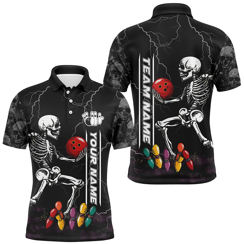 Funny Skull Bowling Mens Polo, Quarter Zip Shirts Custom lightning storm Bowling Team Jerseys | Black NQS8287