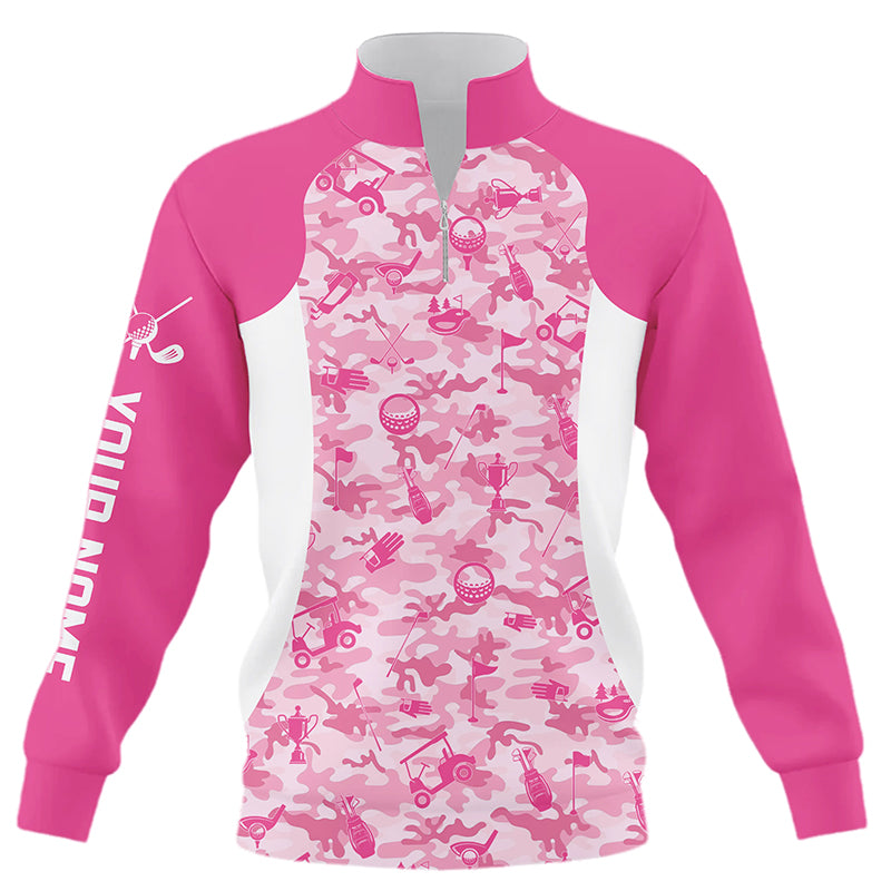 White and pink camo pattern custom name Quarter zip golf sweatshirt, golf sweater outfit NQS8504