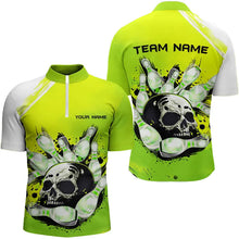 Load image into Gallery viewer, Green Skull Bowling Ball and Pins Bowling Polo, Quarter Zip Shirts for Men Custom Team Bowling Jerseys NQS9211