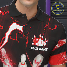 Load image into Gallery viewer, Red Thunder Lightning bowling ball and pins jerseys Custom Team Bowling Polo, 1/4 Zip Shirts For Men NQS11281