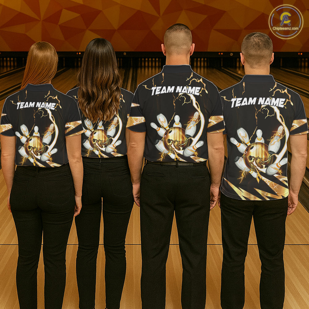 Gold Thunder Lightning bowling ball and pins jersey Custom Team Bowling Polo, 1/4 Zip Shirt For Women NQS11282