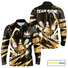Load image into Gallery viewer, Gold Thunder Lightning bowling ball and pins jerseys Custom Team Bowling Polo, 1/4 Zip Shirts For Men NQS11282