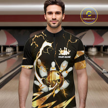Load image into Gallery viewer, Gold Thunder Lightning bowling ball and pins jerseys Custom Team Bowling Polo, 1/4 Zip Shirts For Men NQS11282