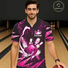 Load image into Gallery viewer, Pink Thunder Lightning bowling ball and pins jersey Custom Team Bowling Hawaiian Shirt NQS11283