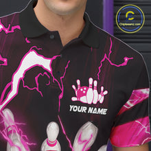 Load image into Gallery viewer, Pink Thunder Lightning bowling ball and pins jerseys Custom Team Bowling Polo, 1/4 Zip Shirts For Men NQS11283