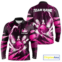 Load image into Gallery viewer, Pink Thunder Lightning bowling ball and pins jerseys Custom Team Bowling Polo, 1/4 Zip Shirts For Men NQS11283