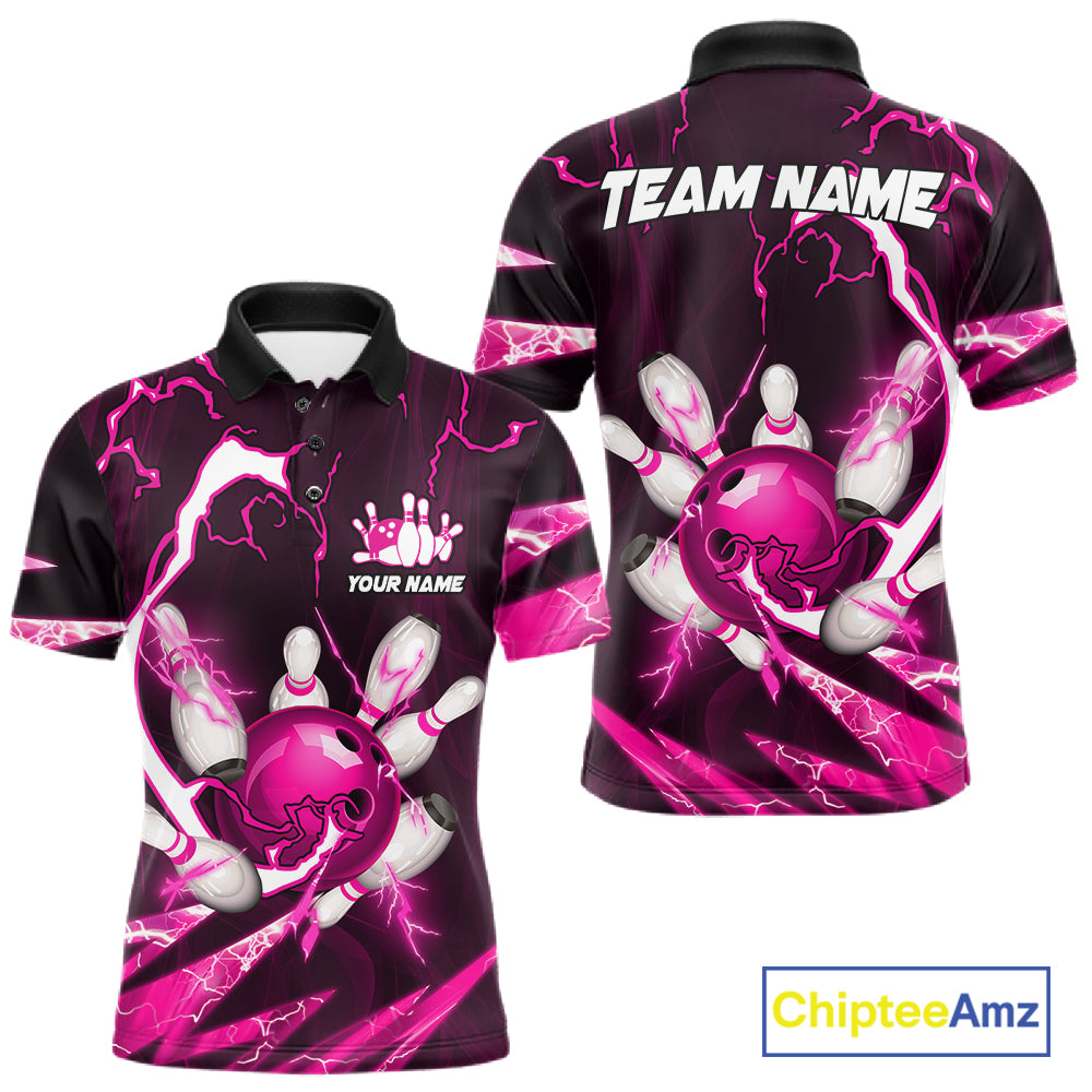 Pink Thunder Lightning bowling ball and pins jerseys Custom Team Bowling Polo, 1/4 Zip Shirts For Men NQS11283