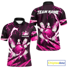 Load image into Gallery viewer, Pink Thunder Lightning bowling ball and pins jerseys Custom Team Bowling Polo, 1/4 Zip Shirts For Men NQS11283