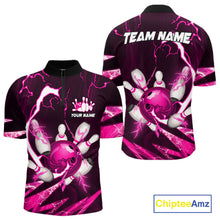 Load image into Gallery viewer, Pink Thunder Lightning bowling ball and pins jerseys Custom Team Bowling Polo, 1/4 Zip Shirts For Men NQS11283