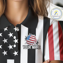Load image into Gallery viewer, Women golf polo shirts custom Red, white and black American flag ladies golf tops, best golf gifts NQS11486