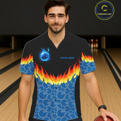 Black and Blue Camo Flame Bowling Hawaiian shirts Custom team bowling league jerseys NQS11492