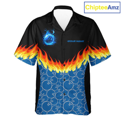 Black and Blue Camo Flame Bowling Hawaiian shirts Custom team bowling league jerseys NQS11492