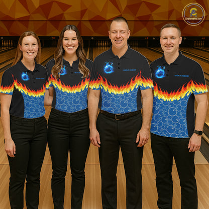 Black and Blue Camo Flame Bowling Polo, 1/4 zip shirts for Men Custom team men's bowling jerseys NQS11492