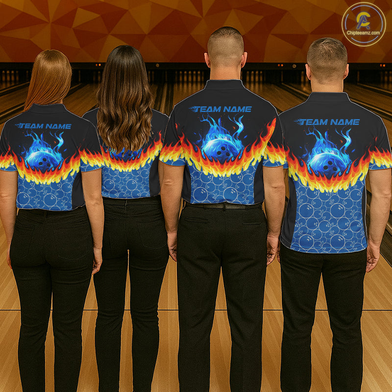 Black and Blue Camo Flame Bowling Polo, 1/4 zip shirts for Men Custom team men's bowling jerseys NQS11492