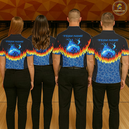 Black and Blue Camo Flame Bowling Polo, 1/4 zip shirts for Men Custom team men's bowling jerseys NQS11492