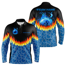 Load image into Gallery viewer, Black and Blue Camo Flame Bowling Polo, 1/4 zip shirts for Men Custom team men's bowling jerseys NQS11492