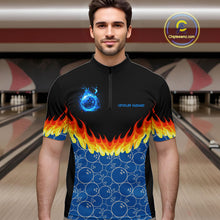 Load image into Gallery viewer, Black and Blue Camo Flame Bowling Polo, 1/4 zip shirts for Men Custom team men's bowling jerseys NQS11492