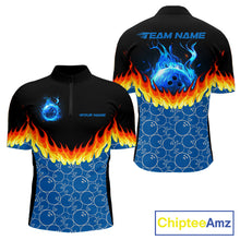 Load image into Gallery viewer, Black and Blue Camo Flame Bowling Polo, 1/4 zip shirts for Men Custom team men's bowling jerseys NQS11492