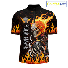 Load image into Gallery viewer, Custom Orange Flame Skull Bowling shirts for men, bowling team league jerseys Polo, 1/4 zip shirts NQS11496