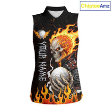 Load image into Gallery viewer, Custom Orange Flame Skull sleeveless women's golf shirts,  team ladies golf tees cool golf gifts NQS11497