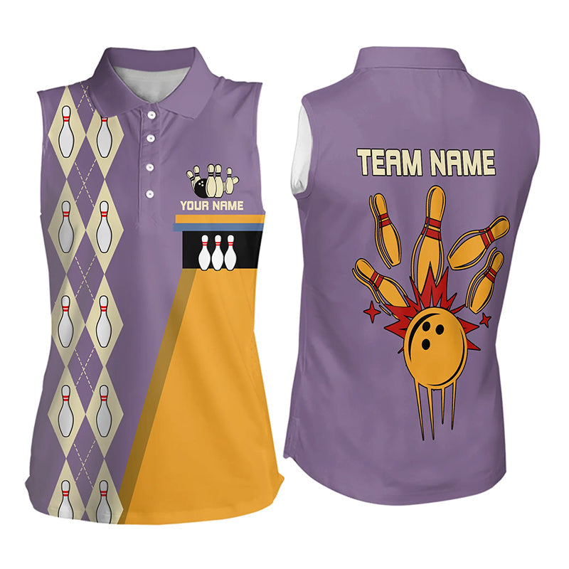 Yellow & Purple Retro Women Sleeveless Polo Shirt Custom vintage team bowling jersey NQS9720