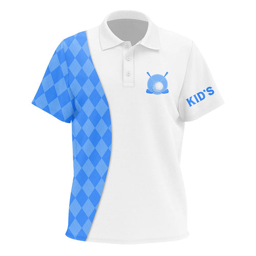 White Kid golf polos shirts custom blue argyle plaid pattern golf tops, golf apparel for Kid NQS7644