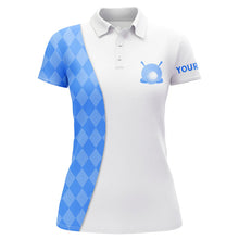 Load image into Gallery viewer, White Womens golf polo shirts custom blue argyle plaid pattern golf tops, ladies golf tops NQS7644