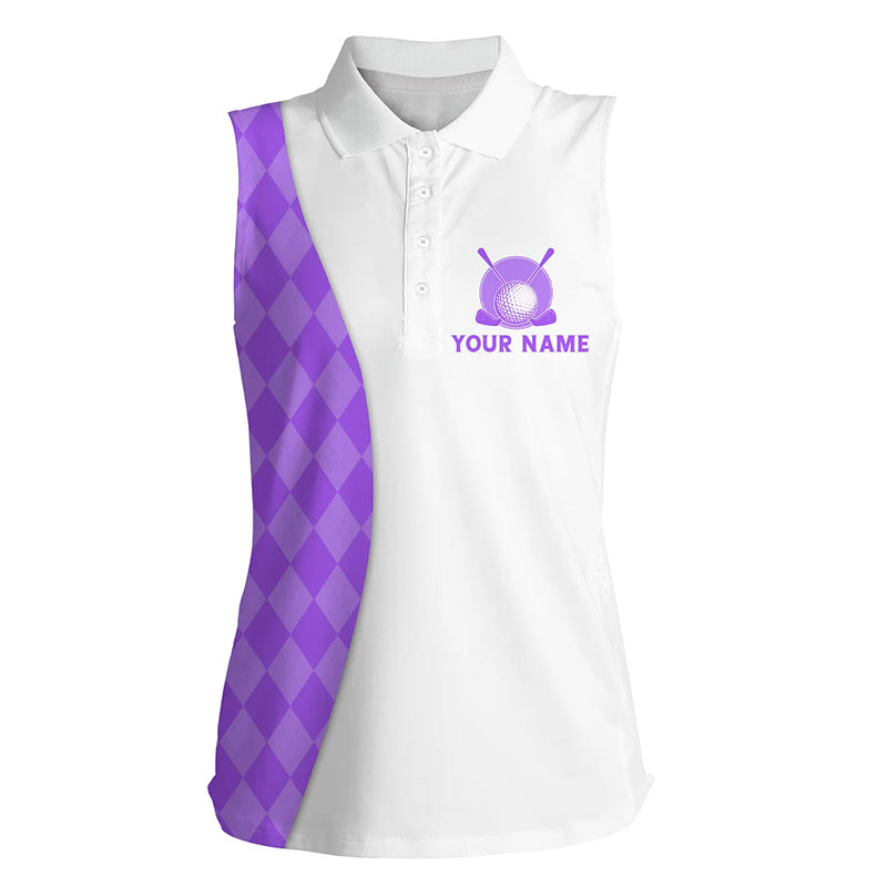 White Women sleeveless golf polo shirts custom purple argyle plaid pattern golf tops, ladies golf tops NQS7645
