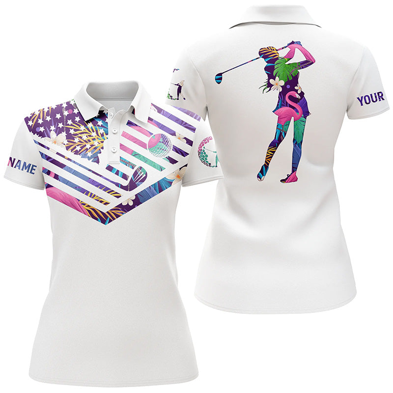 Womens golf polo shirt tropical American flag custom patriotic white golf shirt NQS5768