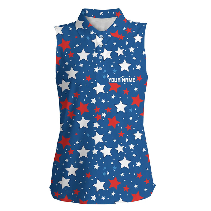 Women sleeveless golf polo shirts custom Red, white and blue stars pattern patriotic golf shirt ladies NQS7858