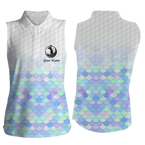 Womens sleeveless polo shirt pastel blue mermaid scales custom pattern golf shirts, ladies golf tops NQS5978