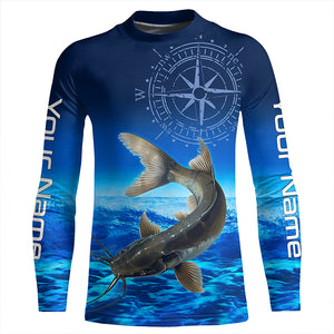 Personalized Catfish Blue Long Sleeve Performance Fishing Shirts, compass Catfish tournament Shirt NQS5984