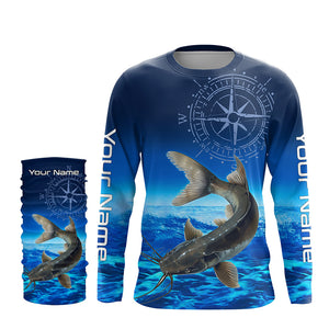 Personalized Catfish Blue Long Sleeve Performance Fishing Shirts, compass Catfish tournament Shirt NQS5984